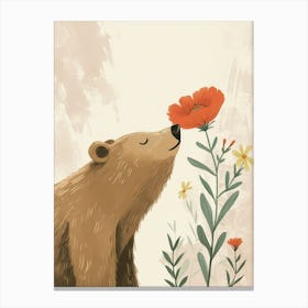 Sloth Bear Sniffing A Flower Storybook Illustration 3 Canvas Print