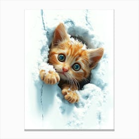 Cute Kitten Cat Peeking From Snow 2 Canvas Print