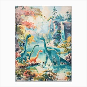 Brachiosaurus Family Bathing In The River Storybook Painting 1 Canvas Print