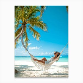 Content Woman Sprawls On A Pristine Tropical Beach Soft White Sands Adorned With Delicate Seashells (4) Canvas Print