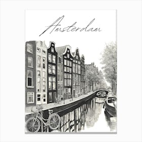 Amsterdam Canals, Black And White Illustration Canvas Print