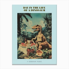 Dinosaur Having A Picnic Retro Collage 4 Poster Canvas Print