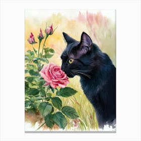 Black Cat Smelling Roses Canvas Print