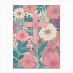 Pink Cross With Flowers Canvas Print