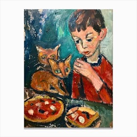 Portrait Of A Boy With Cats Having Pizza 4 Canvas Print