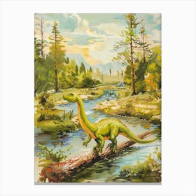 Storybook Style Dinosaur Crossing The River With A Log Painting 2 Canvas Print