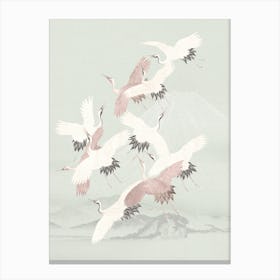 Vintage Japanese Egret Birds Flight Pastel Blue Canvas Print