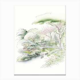 Rikugien Gardens, Japan Vintage Pencil Drawing Canvas Print