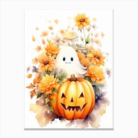 Cute Ghost With Pumpkins Halloween Watercolour 148 Canvas Print
