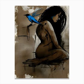 Blue Bird and Naked Woman Canvas Print