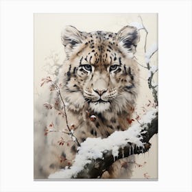 Snow Leopard, Japanese Brush Painting, Ukiyo E, Minimal 3 Canvas Print