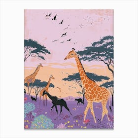 Giraffe In The Wild With Other Animals Watercolour Style 3 Canvas Print