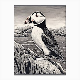 B&W Bird Linocut Puffin 3 Canvas Print