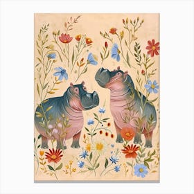 Folksy Floral Animal Drawing Hippo Canvas Print