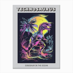 Black & Neon Dinosaur At Night In The Ocean Poster Canvas Print