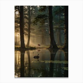 Stunning Panting of Majestic Deer Standing In The Serene Forest pond Canvas Print