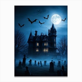 Frightened Souls Hovering Over A Victorian Mansion On A Dark Halloween Night Silhouetted Against A (4) Canvas Print