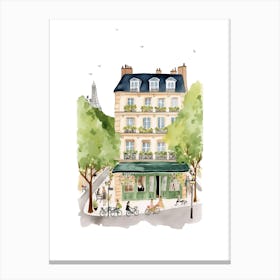 Paris Street Cafe Scene Illustration Sage Blue Watercolour 3 Canvas Print