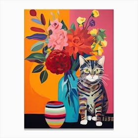 Zinnia Flower Vase And A Cat, A Painting In The Style Of Matisse 1 Canvas Print