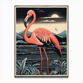 Vintage Bird Linocut Greater Flamingo 1 Canvas Print