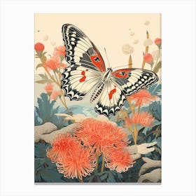 Butterfly With Beautiful Pink Flowers Japanese Style Painting 1 Canvas Print