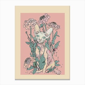 Cute Sphynx Cat With Flowers Illustration 1 Canvas Print