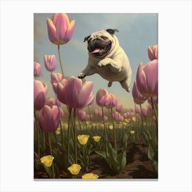 Happy Pug in the Tulips Canvas Print