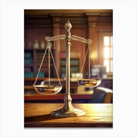 Justice Scales On A Wooden Table Canvas Print