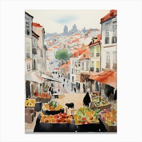 Food Market With Cats In Lisbon 3 Watercolour Canvas Print