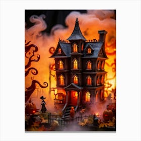 Fiery Autumn Leaves Swirl Around A Haunted House The Walls Of Which Exude A Defocused Orange Glow (6) Stampe su tela