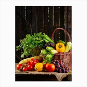 Assorted Vegetables And Fruits From A Fresh Farm Harvest Arranged In A Rustic Wicker Basket Overfl (5) Canvas Print