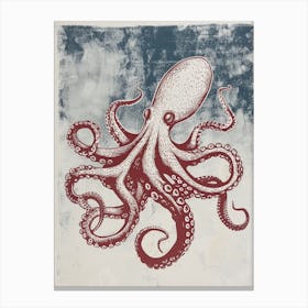Red Octopus In The Ocean Linocut Inspired  4 Canvas Print