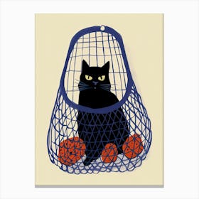 Black Cat In A Blue Bag With Oranges Canvas Print