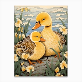 Mother Duckling Japanese Woodblock Style Canvas Print