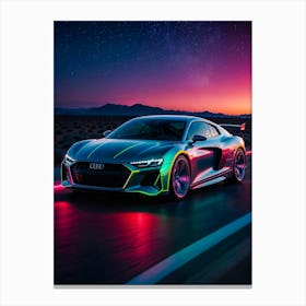 Audi R8 in neon lights, a cyberpunk sports car at night. Speed, race, and futuristic design blend in a synthwave scene. Canvas Print