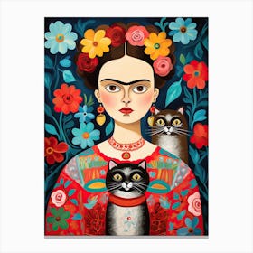 Frida Kahlo Portrait With Cats Mexican Painting Botanical Floral Canvas Print