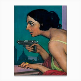 Woman With A Gun, Dark, Moody Vintage Woman Portrait Canvas Print