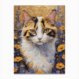 Klimt Style Calico Cat in Colorful Garden Flowers Meadow Gold Leaf Painting - Gustav Klimt and Monet Inspired Textured Acrylic Palette Knife Art Daisies Poppies Amongst Wildflowers Beautiful HD High Resolution Canvas Print