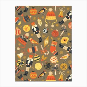 Scattered Christmas Toys, Ornaments, and Treats Yellow Orange Taupe Canvas Print