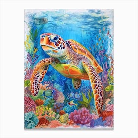 Colourful Sea Turtle On The Magical Ocean Floor Pencil Illustration Canvas Print