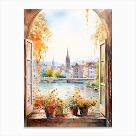 Window View Of Zurich Switzerland In Autumn Fall, Watercolour 4 Canvas Print