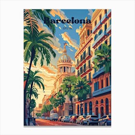 Barcelona Summer Sunset Travel Art Canvas Print