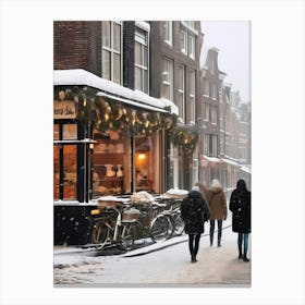 Amsterdam cafes, winter season, Christmas, autumn oil colors, pale colors, pedestrians in the street, winter clothes, falling snow.9 1 Canvas Print