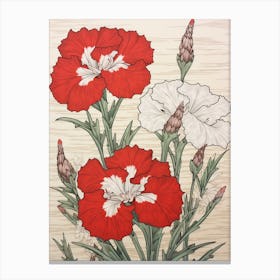 Nadeshiko Dianthus Vintage Botanical Woodblock Canvas Print