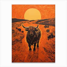 Highland Cattle, Woodblock Animal Drawing 1 Canvas Print