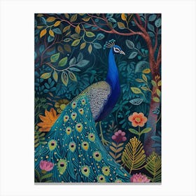 Folky Floral Peacock At Night 1 Canvas Print
