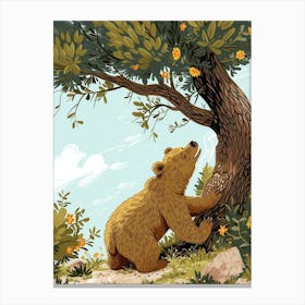 Brown Bear Scratching Its Back Against A Tree Storybook Illustration 3 Canvas Print