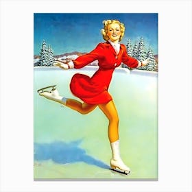 Pinup Ice Skating Girl In Red Dress Canvas Print