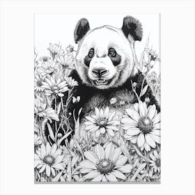 Giant Panda Cub Ink Illustration A Field Of Flowers Ink Illustration 3 Canvas Print