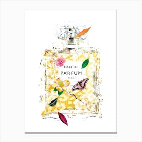 Gold French Parfum Perfume Bottle With Butterfly And Pretty Flowers Canvas Print